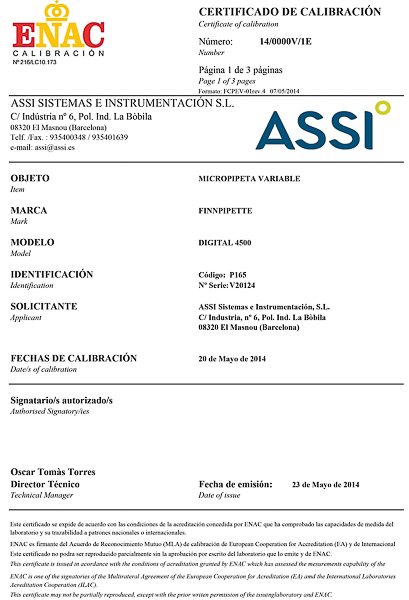 *CERTIFICATO ENAC PER MICROPIPETTE A VOLUME VARIABILE