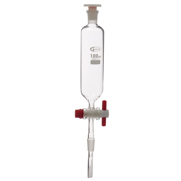 Imbuto gocciolatore separatore cilindrico smerigliato con rubinetto in PTFE